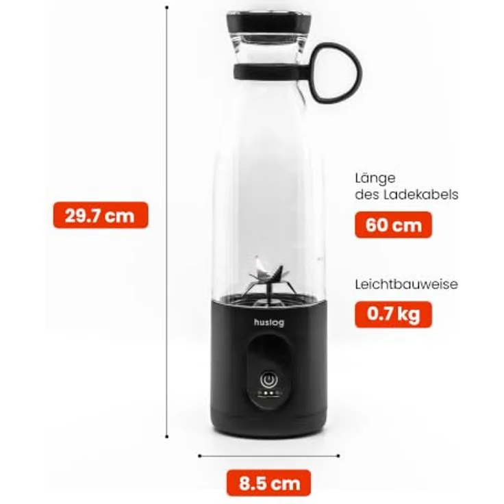 Huslog Tragbarer Kabelloser Standmixer To Go, 315W, 580 ml, USB-C, Schwarz, mit Edelstahlklingen – Bild 7