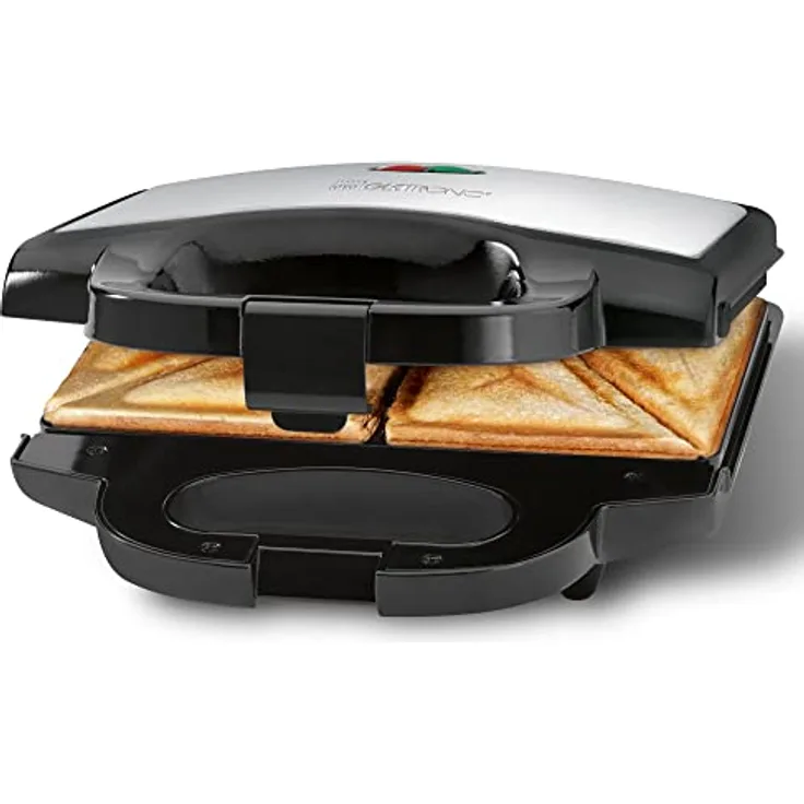 Clatronic ST 3778 Sandwichmaker, elektrischer Sandwichtoaster, Sandwich-Maker mit dreieckigen Sandwichplatten antihaftbeschichtet, automatischer Temperaturregler, 750 Watt Schwarz/Edelstahl