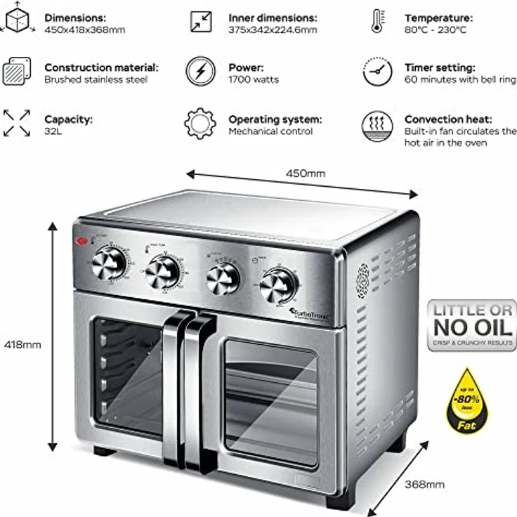 TurboTronic digitaler Heißluftofen - XXL 32 Liter mit Drehspieß für Hähnchen 4in1 Mini Backofen & Power Heißluftfritteuse Airfryer ab 80°C – Bild 2
