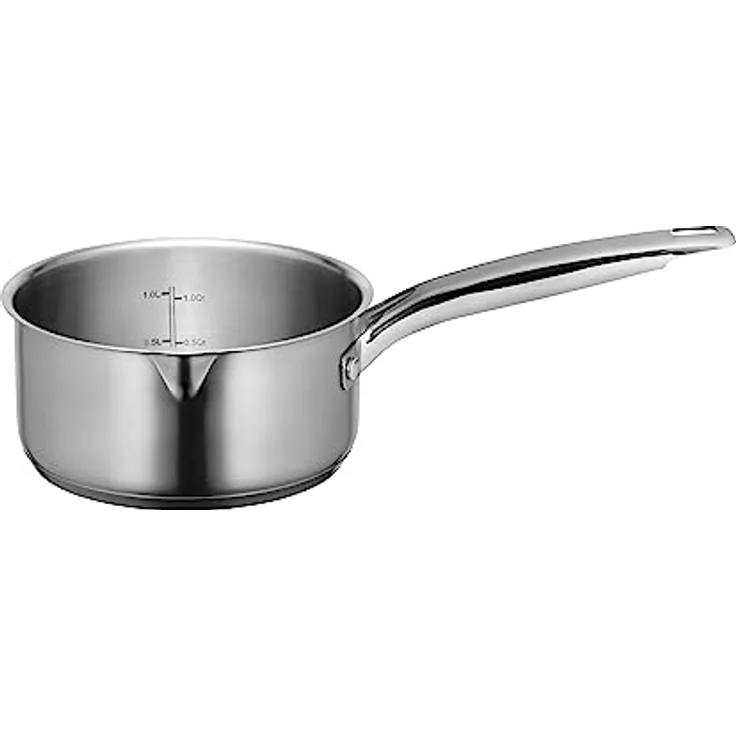 MÄSER Sanvito, Stielkasserolle 16 cm mit praktischem Ausgießer, kleiner Edelstahl Topf mit Stiel und Literskala, geeignet für Induktion, Edelstahl 18/10