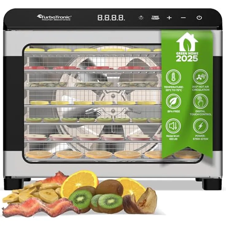 TurboTronic Dörrautomat 50 Liter, Edelstahl Food Dehydrator mit 7 Etagen, 35°C bis 75°C, BPA-frei, 360° Luftzirkulation für schonende Rohkostqualität