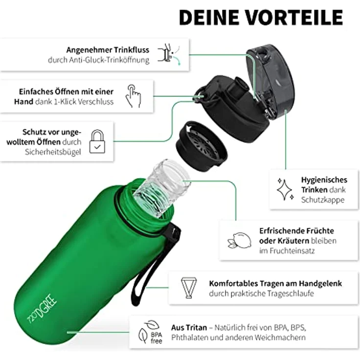 Trinkflasche Wasserflasche Fruchteinsatz 1,5L - BPA-Frei uberBottle 720 DGREE forest green – Bild 2
