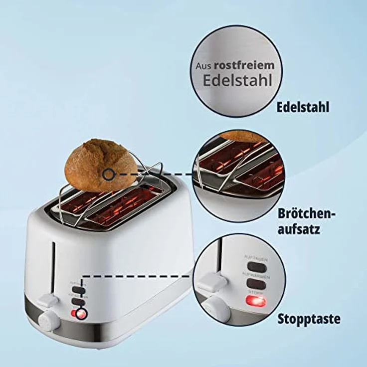KHG Toaster Weiß, Edelstahl, 2 Scheiben, 7 stufenlose Bräunungsstufen, Auftau- und Aufwärmfunktion, Krümelschublade, 850 W – Bild 5