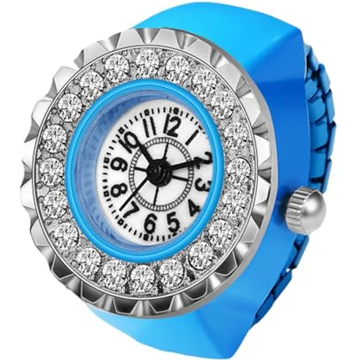 JewelryWe Ringuhr Fingeruhr Damen, Elastisch, Elegant mit Glitzer Strass, Rund Analog Quarz, Blau Legierung, Wasserdicht bis 10m – Bild 1