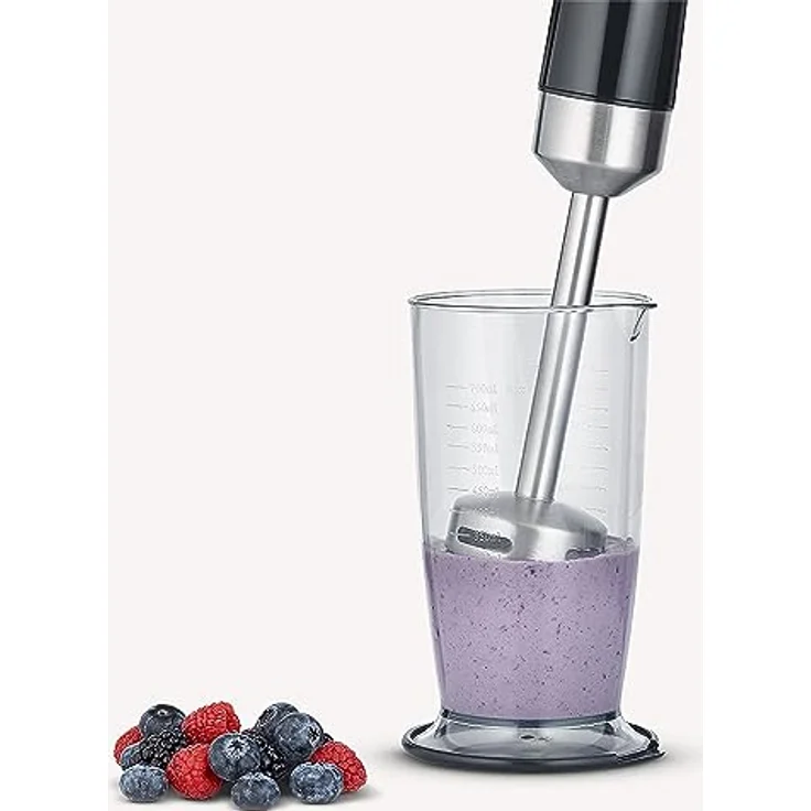 Severin 3772 Stabmixer 600W, Mixstab mit stufenloser Geschwindigkeitseinstellung, abnehmbarer Pürierstab, inkl. Schneebesen, Mixbehälter, Universalzerkleinere, Edelstahl (gebürstet), Schwarz – Bild 4