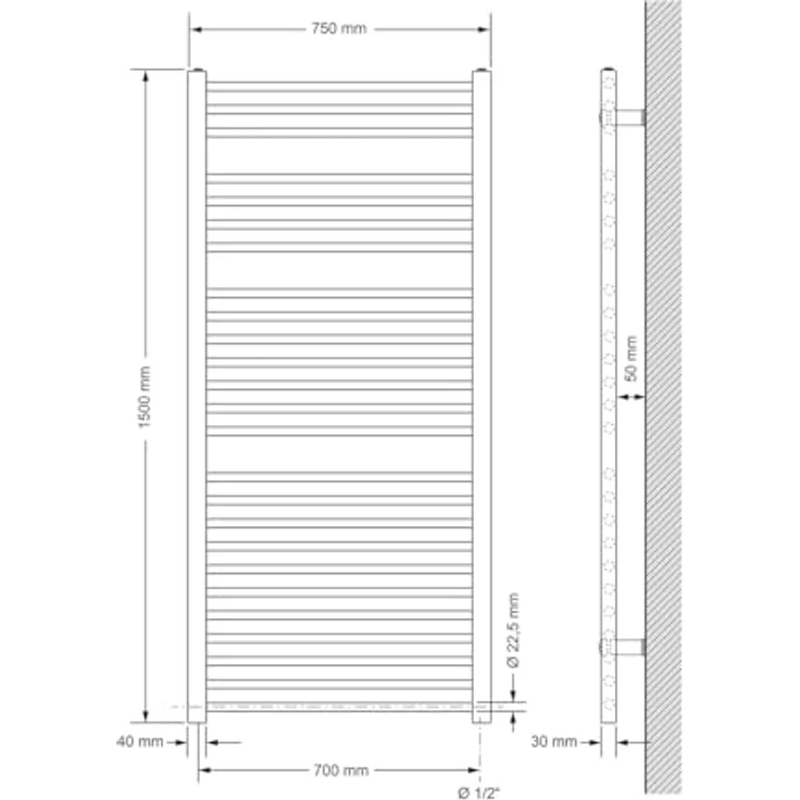 LuxeBath Badheizkörper 750x1500mm Weiß, Gerade Ausführung mit Seitenanschluss und hoher Wärmeleitfähigkeit – Bild 2