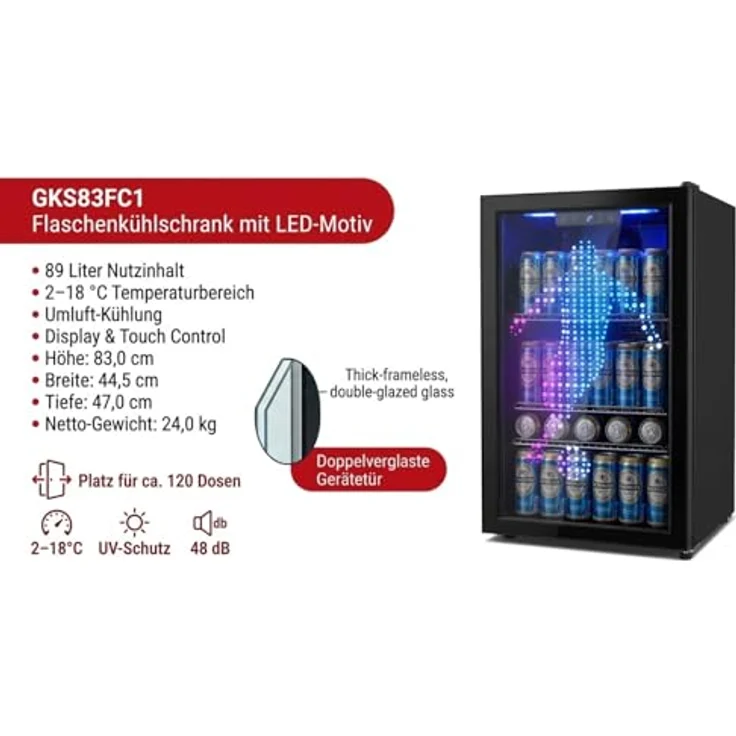 PKM GKS83FC1 Flaschenkühlschrank, 89 Liter, Touch Control, Umluft-Kühlung, blaue LED-Beleuchtung, Schwarz – Bild 4