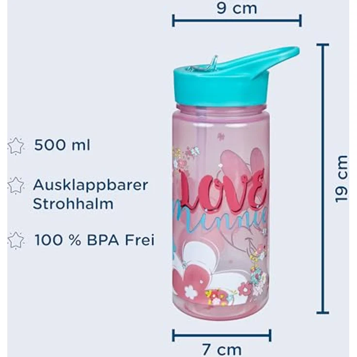 Disney Minnie Mouse Trinkflasche 500 ml, mehrfarbige Kinder Wasserflasche für Schule und Sport – Bild 2