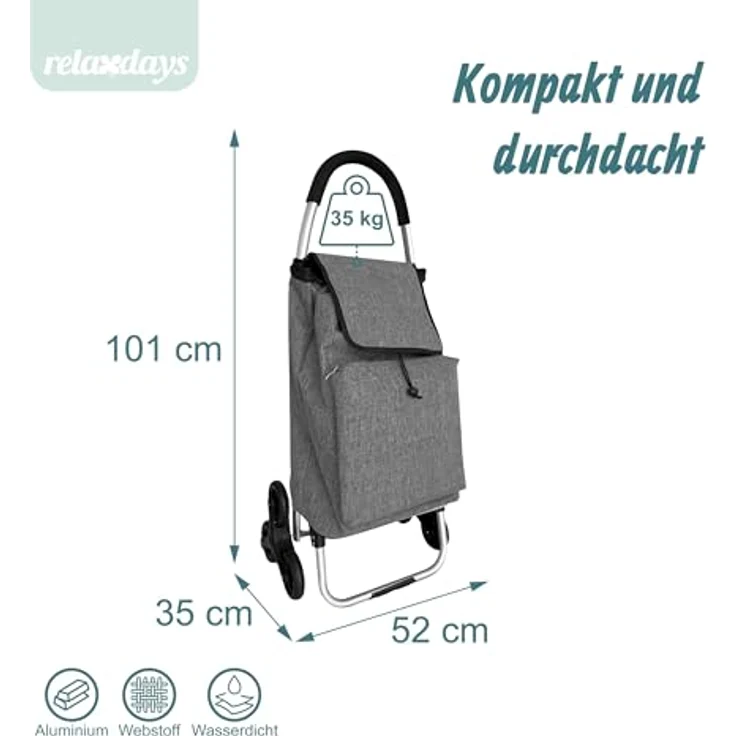 relaxdays Einkaufstrolley Treppensteiger 45 l, Einkaufsroller mit Kühlfach und Treppensteigerrädern, grau – Bild 4