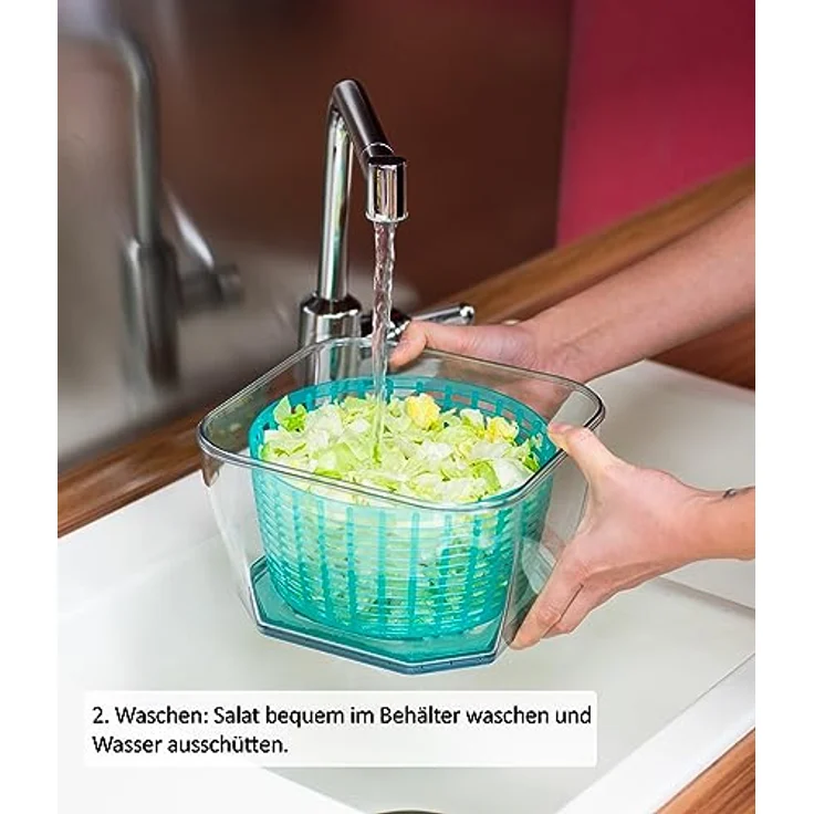 Genius Nicer Dicer Chef Professional Salatschleuder mit Deckel | Set 4-tlg. Zubehör, Auffangbehälter, Schleudersieb, 5.2 L Fassungsvermögen, Gemüseschleuder, Salatschüssel, Salattrockner Transparent – Bild 4