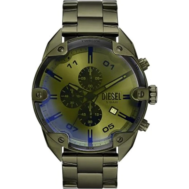 Diesel Herren Analog Quarz Uhr DZ4670, 49-mm-Gehäuse, Silberfarbenes Zifferblatt, Grün, Edelstahlband – Bild 1