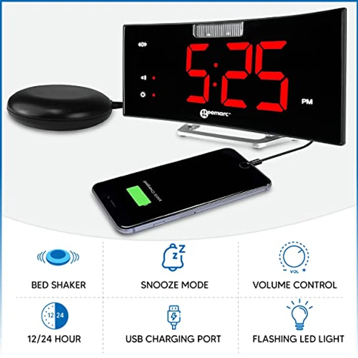 Wecker mit starkem 95dB Alarm, Vibrationskissen, großem Display und Blitzlicht - Die Geemarc Wake 'N' Shake Curve Wird Sie aus dem Tiefschlaf wecken - USB-Ladeanschluss - Version DE – Bild 2