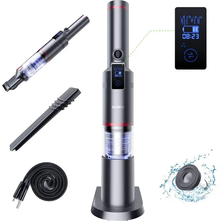 SMARTAI Akku-Handstaubsauger SmartAI H5, 120,00 W, beutellos, Automatische Staubauffang-Ladefunktion, 15000 PA, 7x 2.500mAh Akku, LED, Schwarz