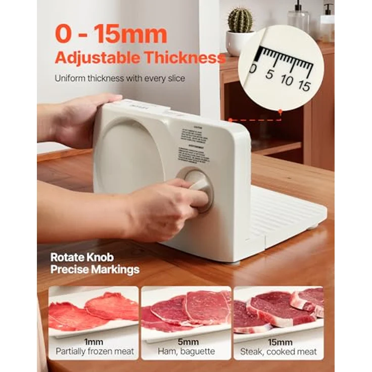 VEVOR Allesschneider SL-5803D23B3, elektrische Aufschnittmaschine mit 180 W, 17 cm Klinge, 0–15 mm einstellbare Dicke, beige, für gefrorenes Fleisch und Schinken – Bild 4