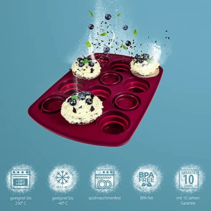 coox MUFFINFORM in Dunkelrot, Platzsparendes Muffinblech mit faltbaren Förmchen, Silikon BPA-frei, für 12 Muffins geeignet – Bild 3