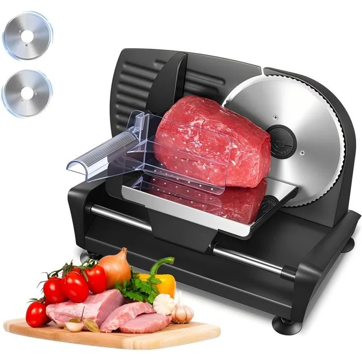 FOHERE Allesschneider Multifunktions-Allesschneider, 200W, 2 Edelstahlklingen 190 mm, einstellbare Dicke, Schwarz