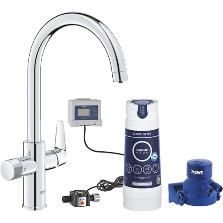 GROHE Blue Pure BauCurve Starter Kit, Wasserfilter mit C-Auslauf und separatem Griff, chrom