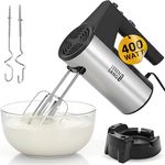 LEBENLANG 400W Handmixer mit 5 Stufen & Turbo, inkl. Standhalterung, ergonomischer Griff, Edelstahl-Rühr- und Knethaken, spülmaschinenfest