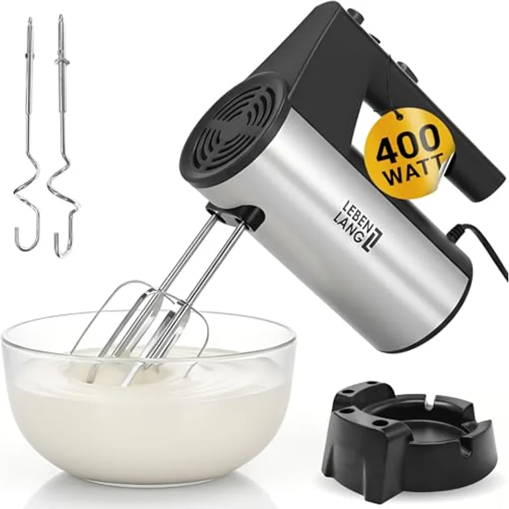 LEBENLANG 400W Handmixer mit 5 Stufen & Turbo, inkl. Standhalterung, ergonomischer Griff, Edelstahl-Rühr- und Knethaken, spülmaschinenfest