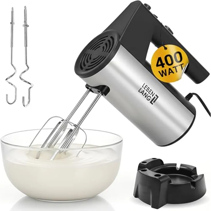 LEBENLANG 400W Handmixer mit 5 Stufen & Turbo, inkl. Standhalterung, ergonomischer Griff, Edelstahl-Rühr- und Knethaken, spülmaschinenfest – Bild 1