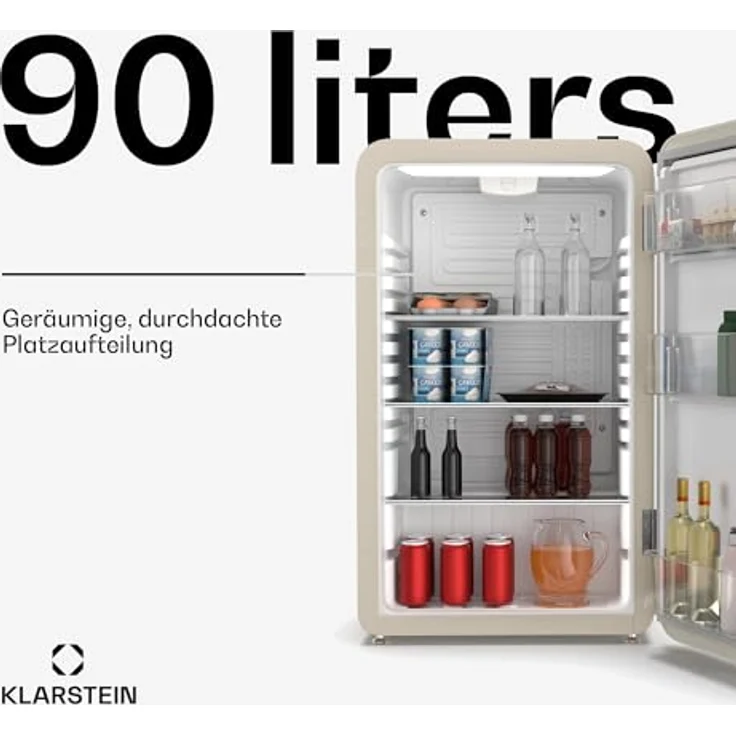 Klarstein Audrey Evo 90L Retro Mini Kühlschrank, 40 dB leise, verstellbare Füße, Wendetür, mechanisches Thermostat, creme – Bild 2
