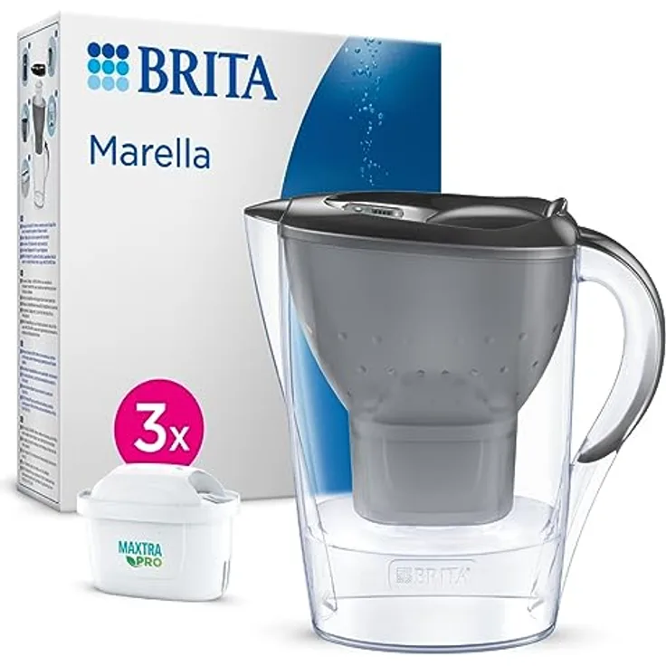 BRITA Wasserfilter-Kanne Marella graphit (2,4l) inkl. 3x MAXTRA PRO All-in-1 Kartusche – Filter zur Reduzierung von Kalk, Chlor, Blei, Kupfer & geschmacksstörenden Stoffen im Wasser