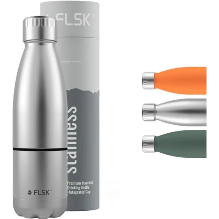 FLSK Trinkflasche mit integriertem Becher, Premium Edelstahl Thermosflasche, 2-in-1 System, 100% auslaufsicher, hält 24h kalt & 18h heiß, BPA-frei, Edelstahl