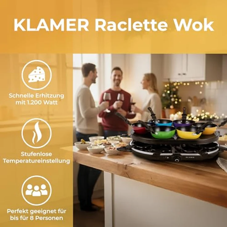 KLAMER Raclette-Wok 1200 W – Raclette Grill mit 6 Wokpfännchen, 8 Raclettepfännchen, Antihaftbeschichtung, stufenloser Temperaturregler, inkl. Holzspatel & digitalem Rezeptbuch – Bild 2