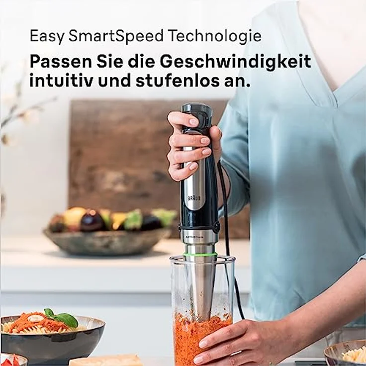 Braun Multiquick 7 MQ 7000X Stabmixer (1000 Watt, mit ActiveBlade-Technologie, Pürierstab & Küchenhilfe, inkl. 600 ml Mix- & Messbecher) schwarz-edelstahl – Bild 2