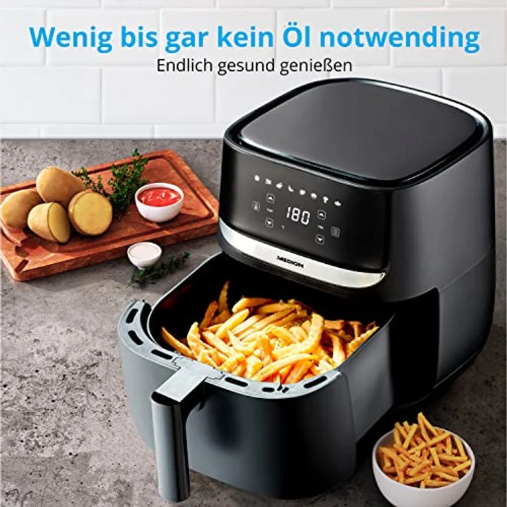 MEDION E50 XL Heißluftfritteuse (5,7 Liter Frittierkorb, ca. 1700 Watt, Digitales Bedienfeld, 8 Automatikprogramme, ölfreies Frittieren, 30 Min Timer, Überhitzungsschutz, MD10532) schwarz – Bild 4