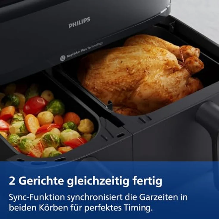 Philips Heißluftfritteuse 5000 Series NA552/00, Dual Basket mit Steam und 9L Kapazität (6L+3L), 2750 W, RapidAir Plus Technologie, Dampfreinigung, HomeID App, Schwarz/Kupfer – Bild 9