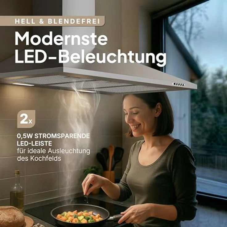 LEVIVO Dunstabzugshaube 90 cm, Umluft & Abluft, 410 m³/h Luftleistung, 2 Aktivkohlefilter, 3 Fettfilter, Wandhaube mit 3 Stufen, Edelstahl – Bild 6