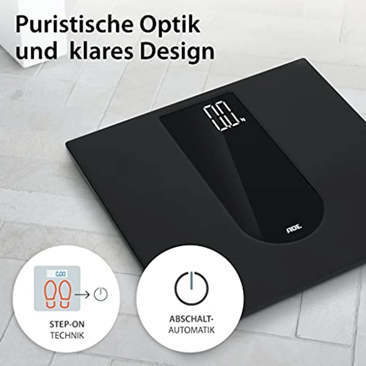 ADE Digitale Personenwaage mit großem LED-Display | rutschfeste Wiegefläche aus Sicherheitsglas | genaues Wiegeergebnis in 100-g-Scrhritten | elegante schwarz matte Oberfläche | bis 180 kg – Bild 3