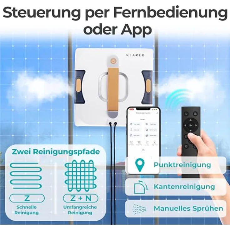 KLAMER Fensterputzroboter, kompaktes Modell mit automatischer Kanten-Erkennung, zwei Reinigungsmodi und Fernbedienung/App Steuerung, absturzsicher – Bild 5