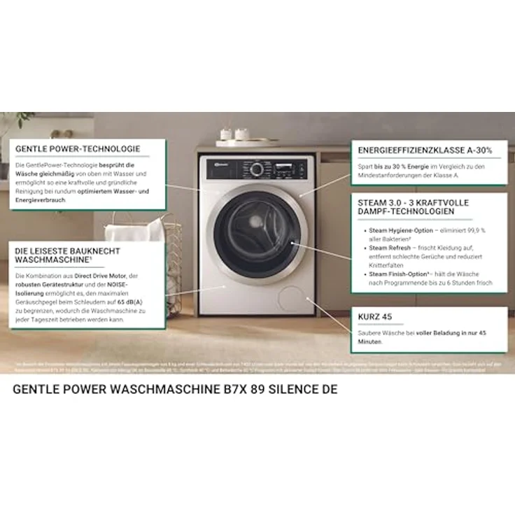 Bauknecht B7X 89 SILENCE DE Waschmaschine, Gentle-Power, leiseste Bauknecht, A -30%, Steam-Hygiene/-Refresh/-Finish, 45Min. Vollbeladung, Direct Drive-Motor, Vollwasserschutz – Bild 3