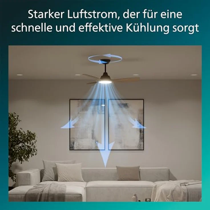 Philips Olas Deckenventilator mit LED-Leuchte, 3 Flügel, 106 cm, 2650 Lumen, dimmbar, einstellbares Licht von 3000 K bis 6500 K, schwarz/Holz, inklusive Fernbedienung – Bild 3