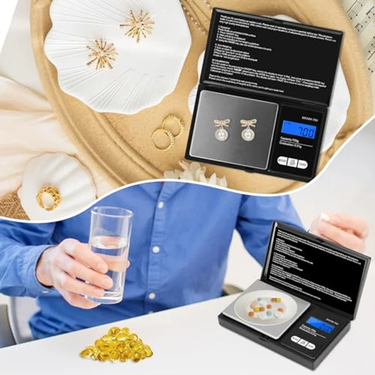 Oderra Feinwaage 700g x 0,01g, Tragbare Schmuckwaage mit LCD-Display und 7 Maßeinheiten, inkl. 2 Batterien, Edelstahl-Plattform – Bild 2