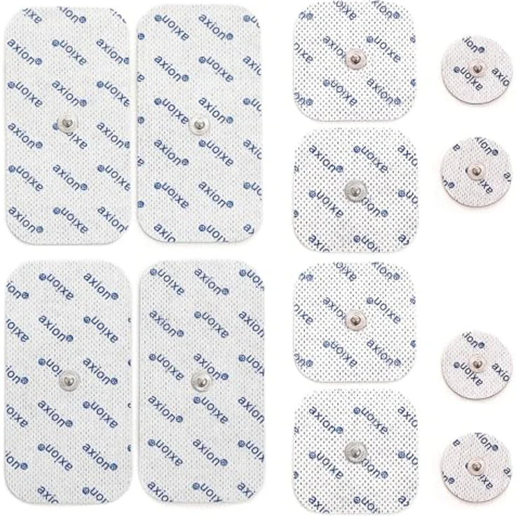 Axion Elektrodenpads für TENS EMS, 12 St. selbstklebend, 10x5cm (4), 5x5cm (4), 3.2cm rund (4), 3.5mm Druckknopfanschluss – Bild 1