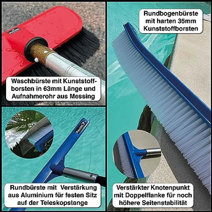 FenWi 4m Komplett Set zur Poolreinigung und Teichreinigung / 2x Kescher und 2x Bürste / Teleskopstange mit Oberflächenkescher Tiefenkescher Poolbürste Teichbürste – Bild 3