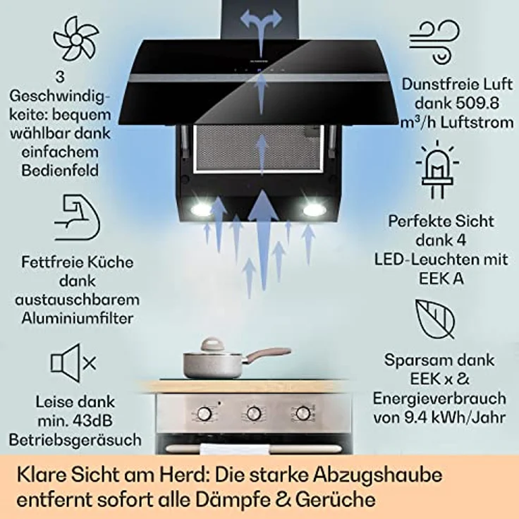 Klarstein 10040141 Kopffreihaube, Clara 60 Dunstabzugshaube Glas 509 m³/h Touch Ambiente-Licht, schwarz – Bild 3