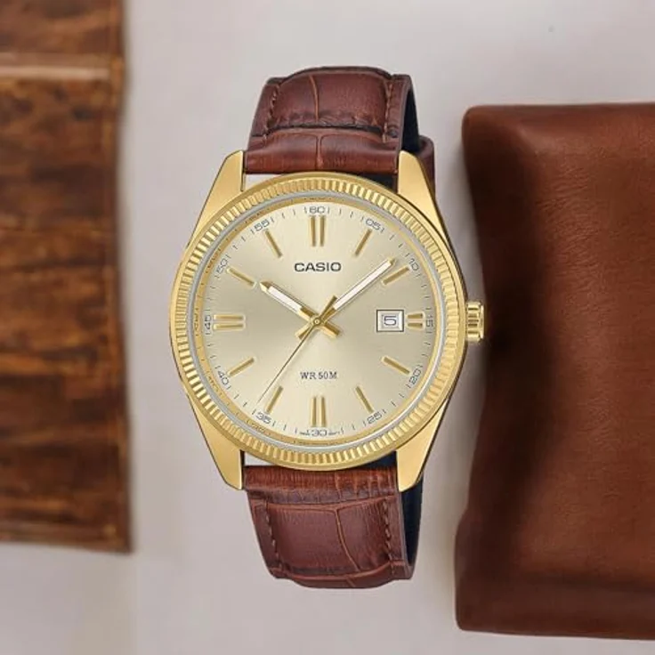 Casio Herrenuhr Quarz mit Lederband MTP-1302PGL-9AVEF, Edelstahl beschichtet, goldene Zifferblatt – Bild 3