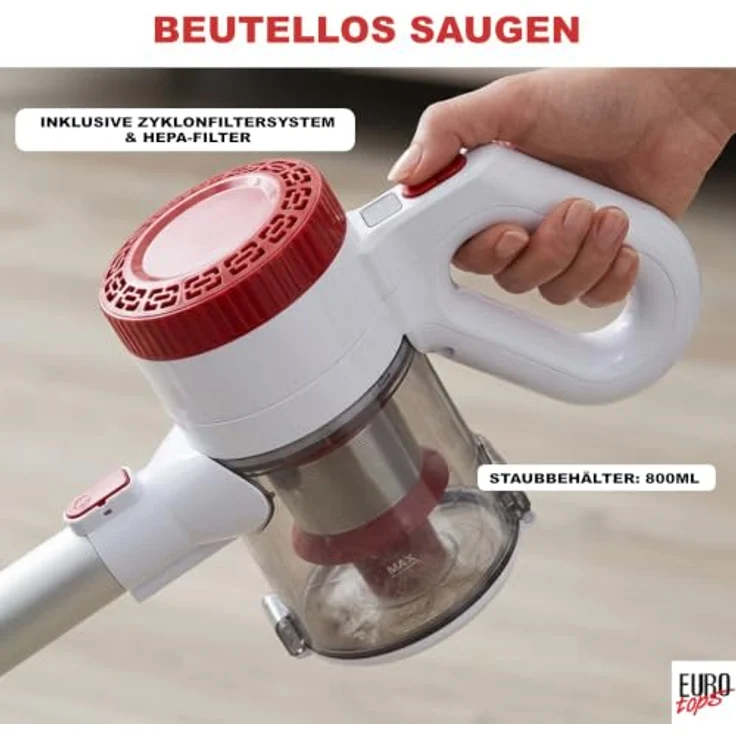EUROtops Akku-Zyklon-Staubsauger, kabellos mit HEPA-Filter, LED-Bodenbürste, Handstaubsauger-Funktion, 22,2 V Akku, beutellos - Weiß – Bild 6