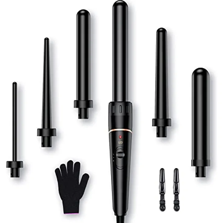 Lockenstab Große und Kleine Locken Set - 6 in 1 Mit Verschiedenen Aufsätzen Antistatische Keramik Turmalin Beschichtung Welleneisen für Beach Waves