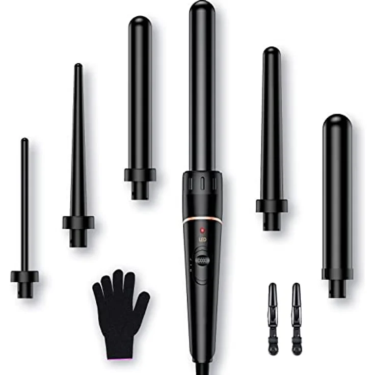 Lockenstab Große und Kleine Locken Set - 6 in 1 Mit Verschiedenen Aufsätzen Antistatische Keramik Turmalin Beschichtung Welleneisen für Beach Waves – Bild 1