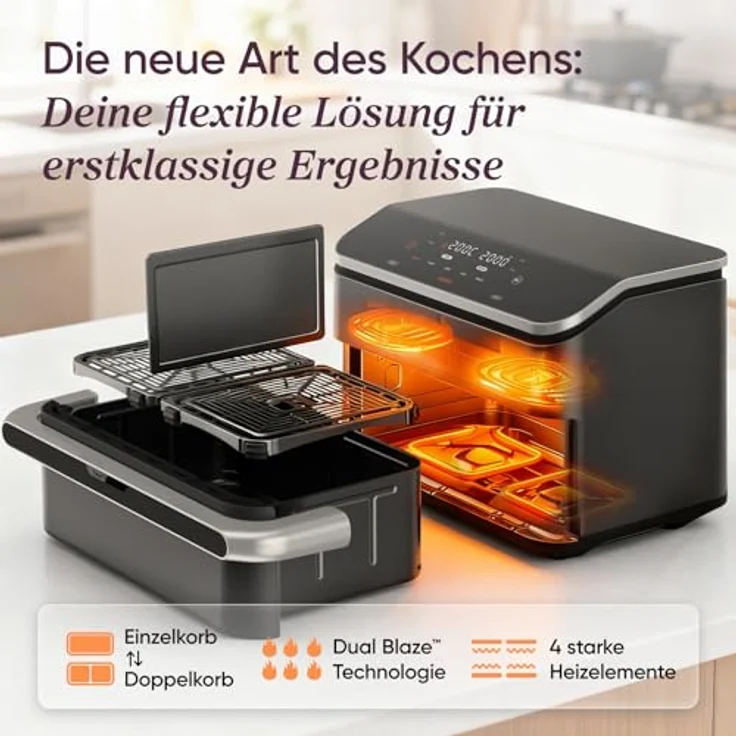 Cosori Dual Blaze TwinFry 10 Liter Heißluftfritteuse CAF-TF101S-AEU, 4 Heizelemente, 8 Portionen, WiFi-Steuerung, schwarz – Bild 2