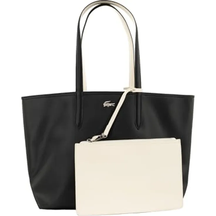 Lacoste Shopper Anna - Canvas Tote Bag mit abnehmbarer Tasche, zweifarbig, glänzendes Nickel Krokodillogo, PVC Außenmaterial