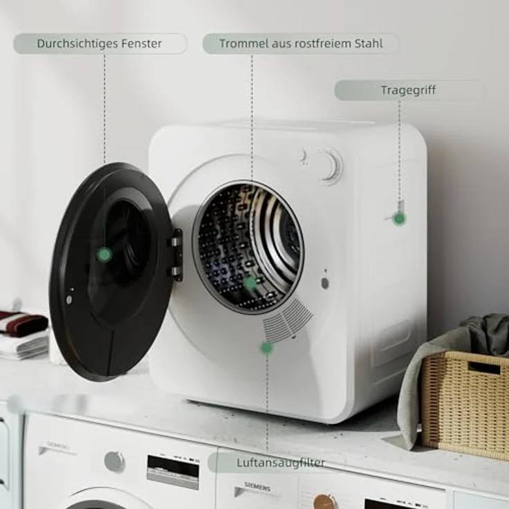 HOMCOM Waschtrockner B61-018V90WT, kompakt 4 kg, 5 Trockenprogramme, 60°C Heizzyklus, IPX4 Wasserschutz, Weiß – Bild 8
