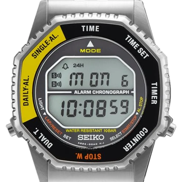 Seiko Digitaluhr Armbanduhr Rotocall, Digital-Chronograph mit Quarzwerk, schwarz/gelb, 10 bar wasserdicht, Edelstahl, Stoppfunktion, Alarm, Timer – Bild 2