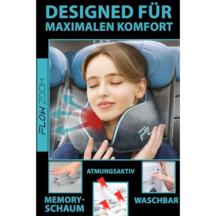 FLOWZOOM Comfy Nackenkissen Flugzeug - Nackenhörnchen Erwachsene - Nackenkissen Auto - Reisekissen Memory Foam - waschbar mit schmalem Rückenteil (samtweich & atmungsaktiv) - einstellbar, grau – Bild 4