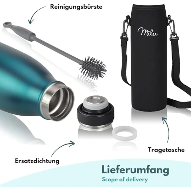 Milu Edelstahl Trinkflasche 500ml, doppelwandige Thermosflasche, auslaufsicher, kohlensäuregeeignet, inklusive Reinigungsbürste (Grün) – Bild 5